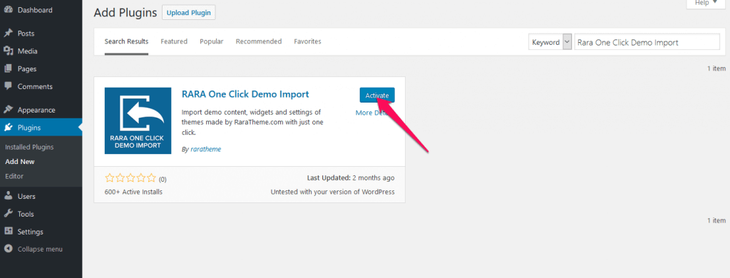 Activate rara one click demo import plugin