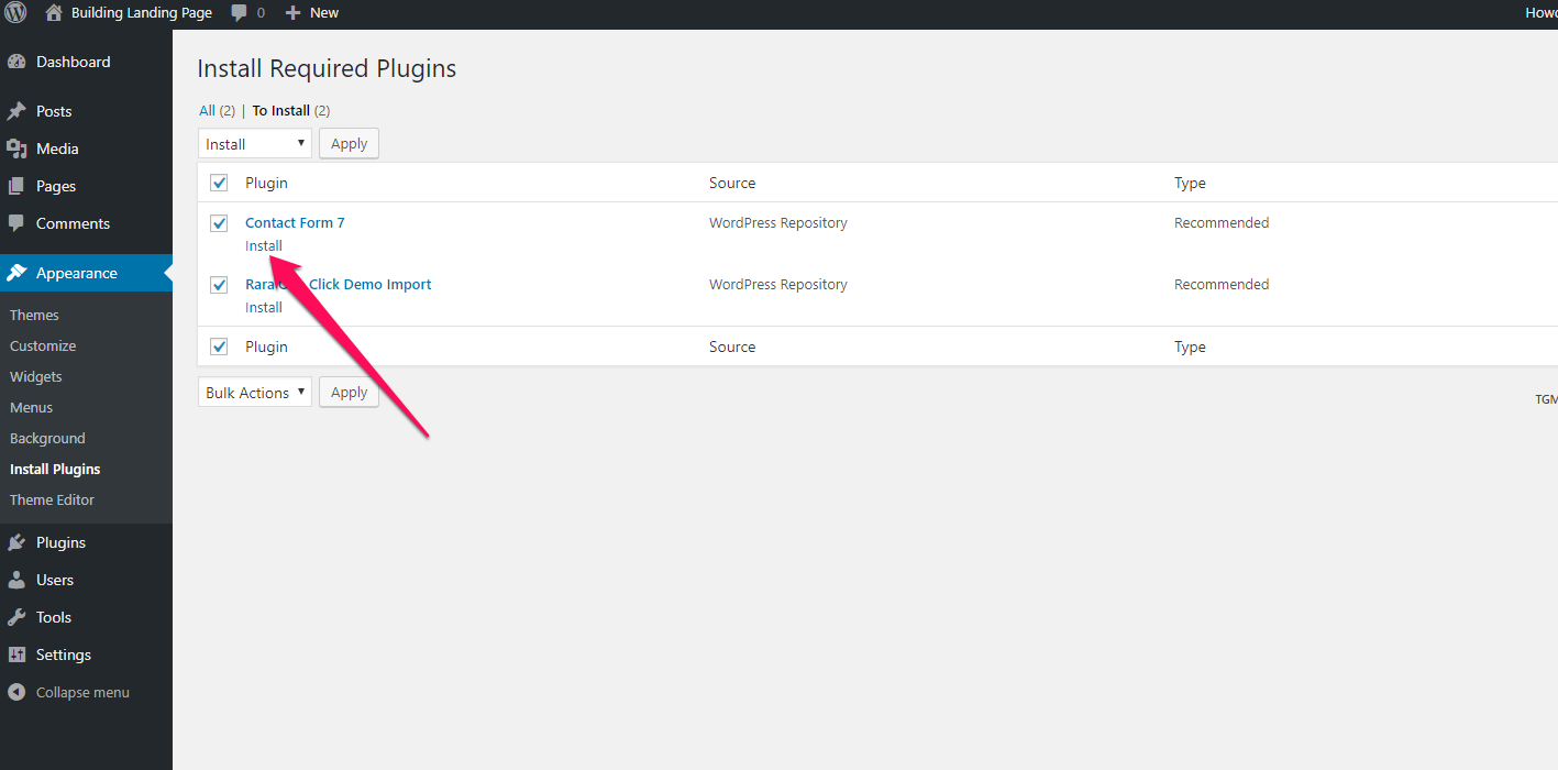 Install now recommended plugins building landing page