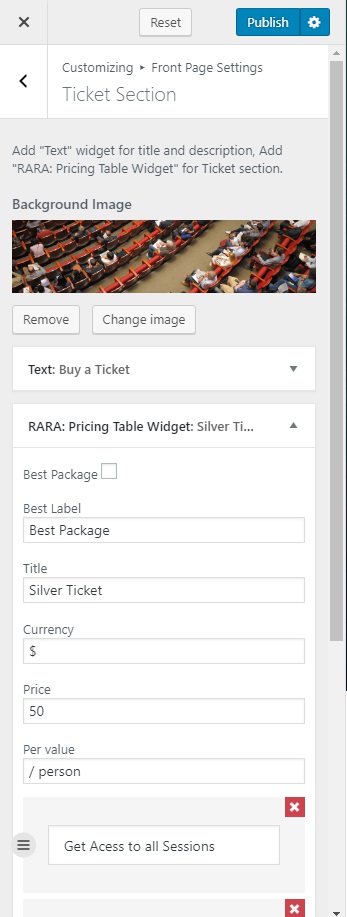 Configure ticket section the conference pro