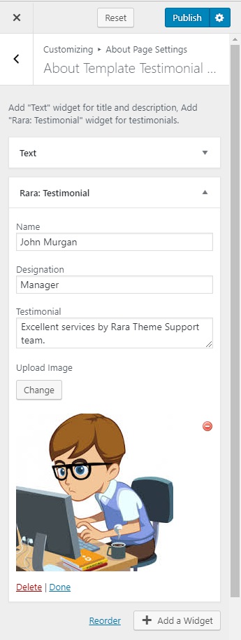 Configure About Template Testimonial Section