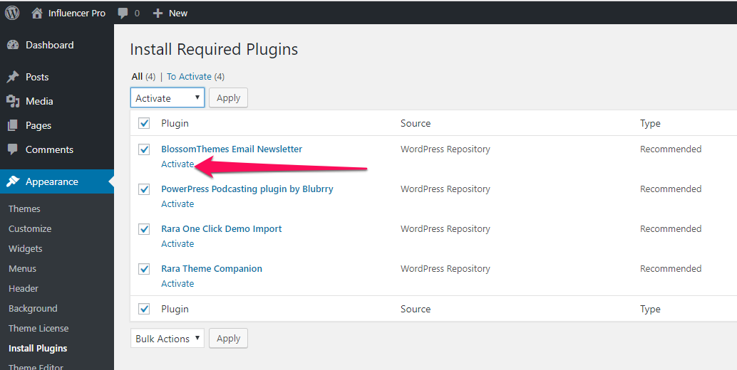 activate plugins for influencer pro