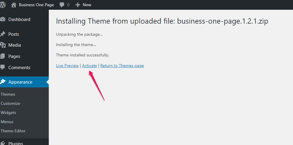 activate theme for business one page