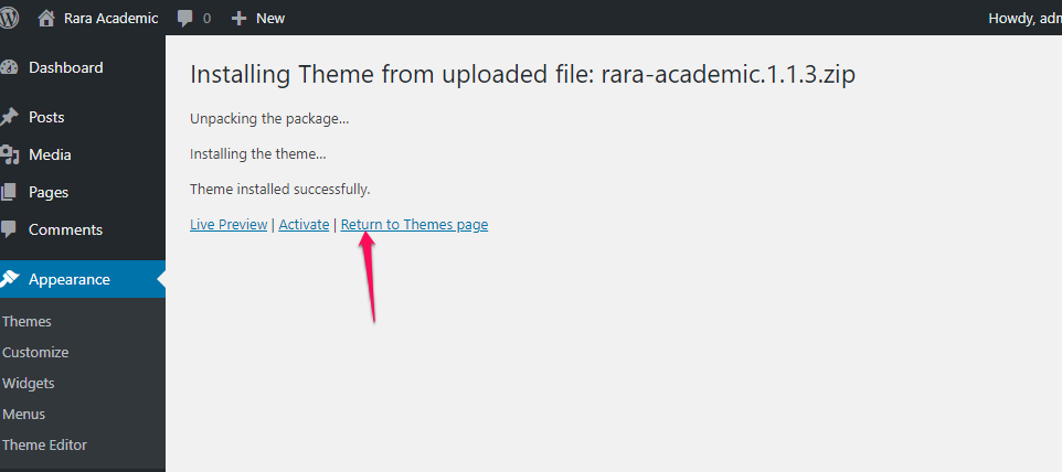 activate theme for rara academic