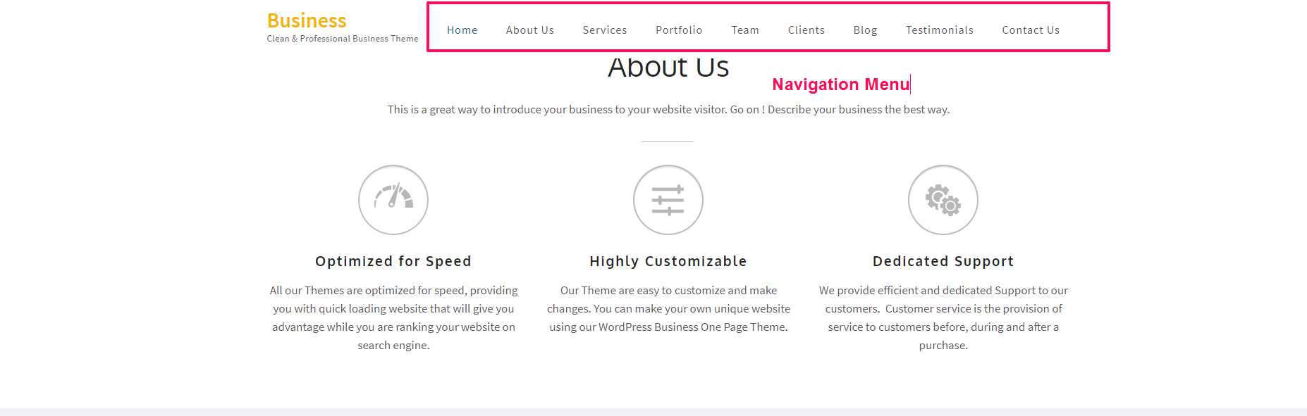 navigation menu for business one page