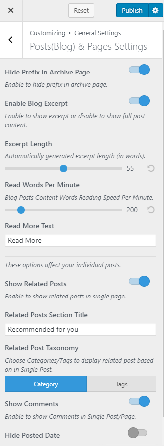 post and pages setting