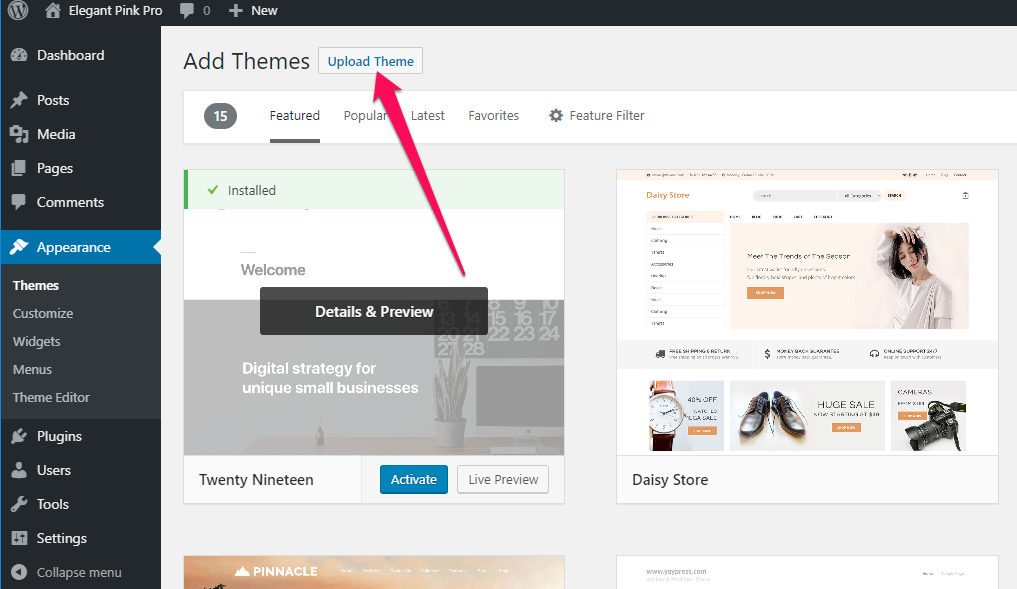 upload theme for elegant pink pro