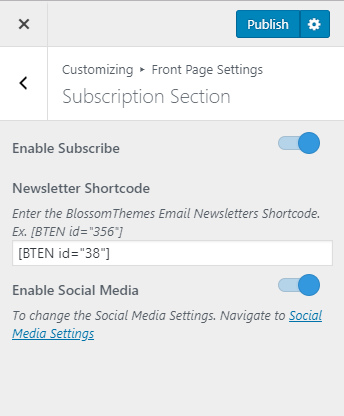 Subscription Section settings