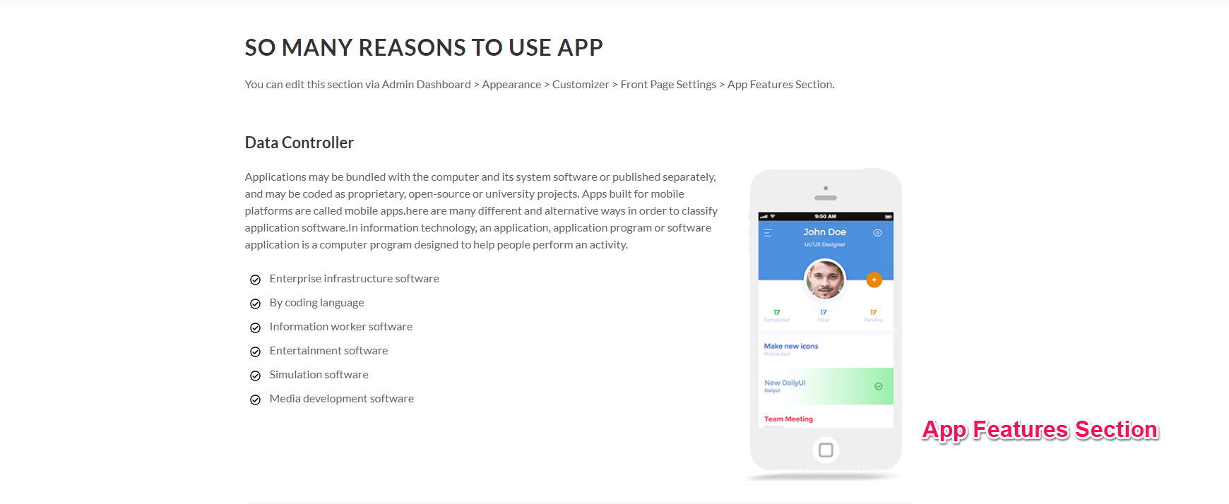 app features section for app landing page pro