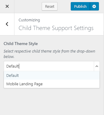 child theme support settings for app landing page pro