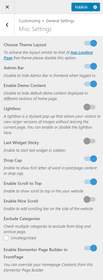 misc settings for app landing page pro